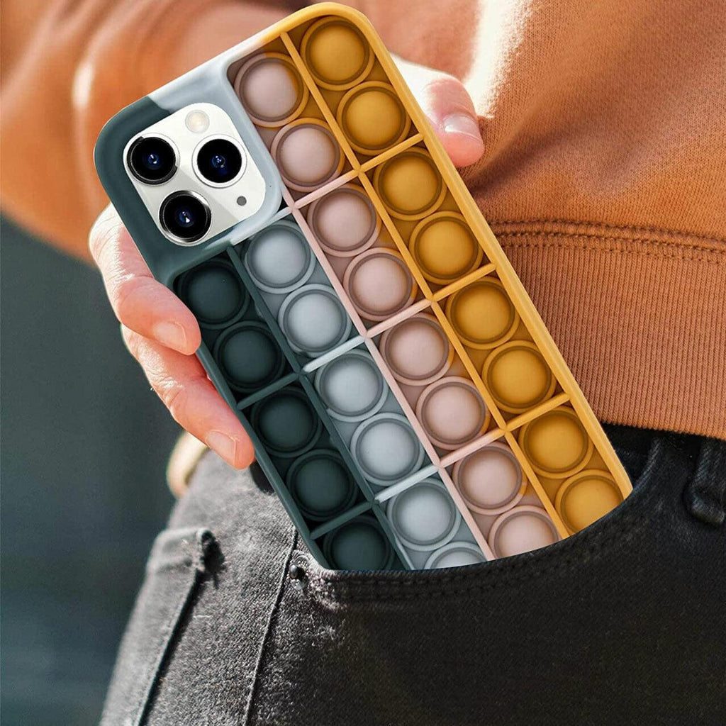 Blue-white pop fidget phone case in soft silicone protecting a modern smartphone device — view 3