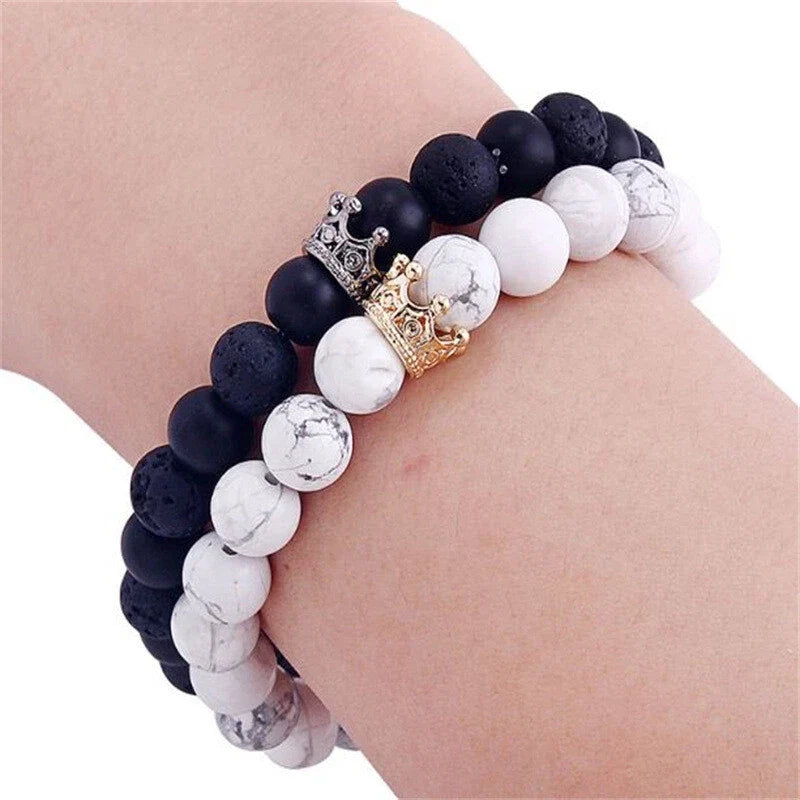 2pcs Crown Marble Lava Stone Beads Boho Ethnic Bracelet set Chunky Jewelry Gift-1