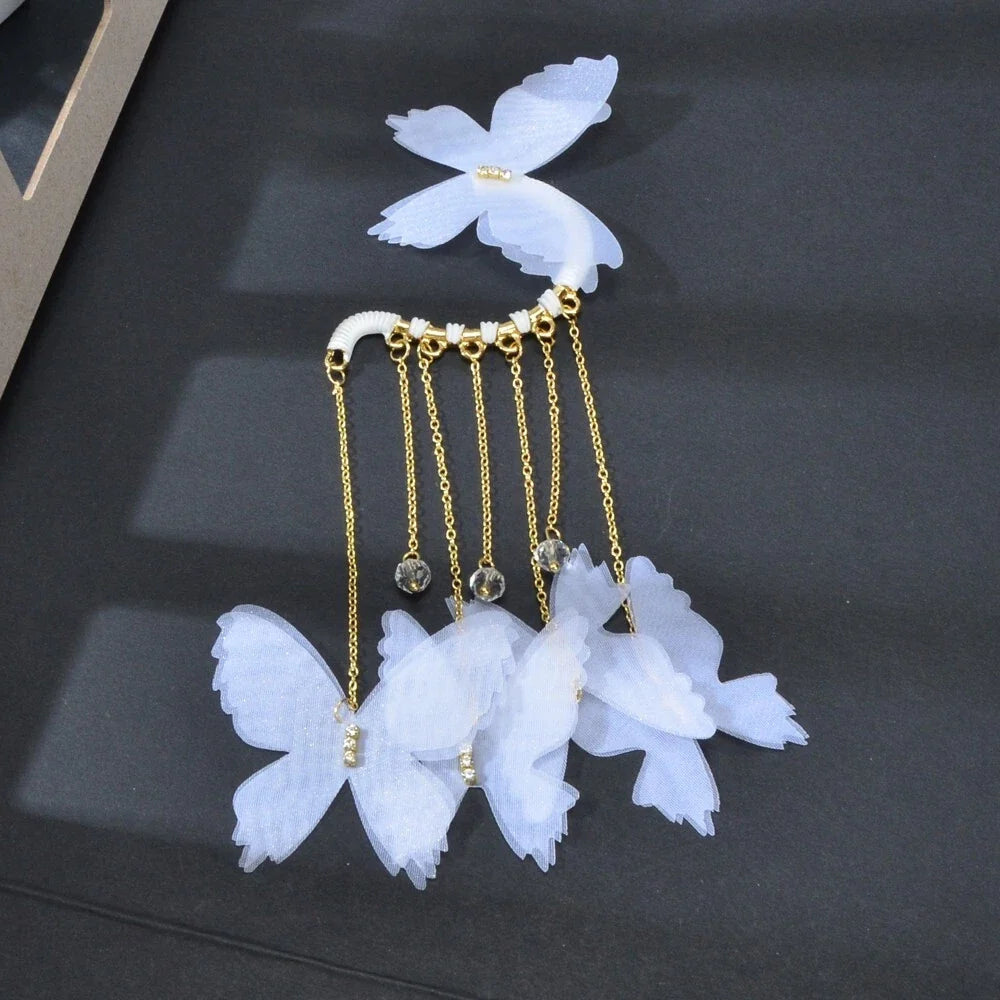 1pc Gold Tassel Chain White Handmade Butterfly Dangle Earring Ear Cuff Climber-2