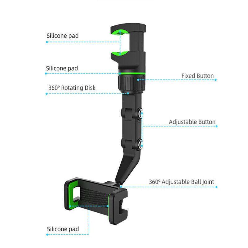 Universal rearview mirror car phone mount holder in green and grey attached to a vehicle mirror — view 3