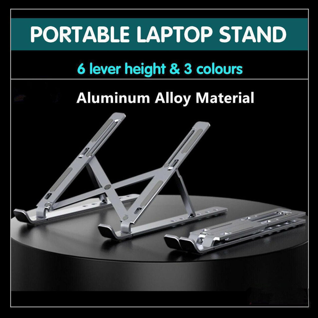 Silver aluminum adjustable laptop stand in open position with silicone anti-slip pads.