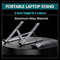 Silver aluminum adjustable laptop stand in open position with silicone anti-slip pads.