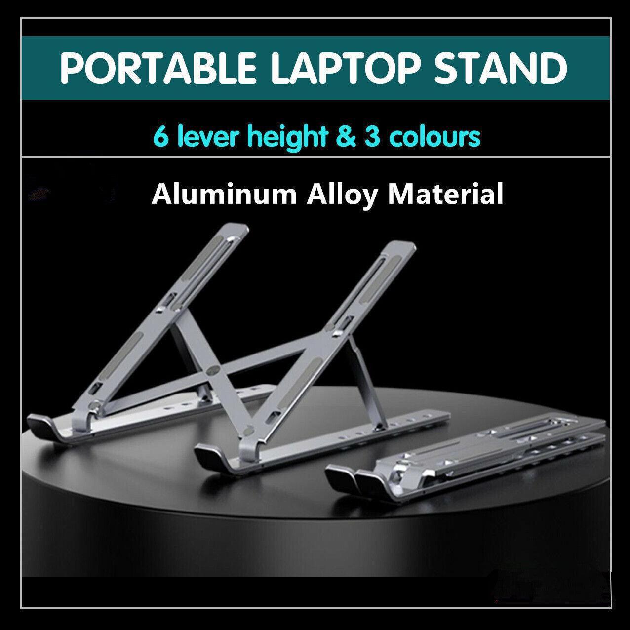 Silver aluminum adjustable laptop stand in open position with silicone anti-slip pads.