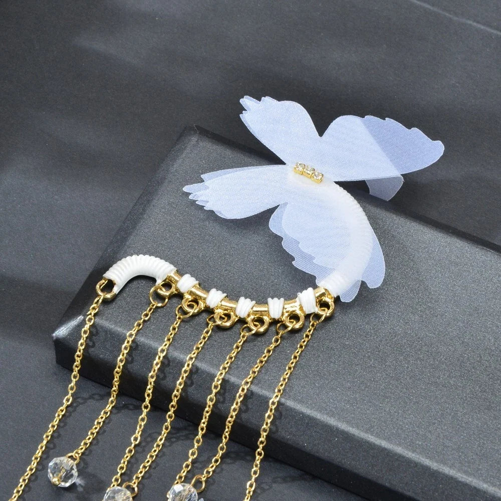 1pc Gold Tassel Chain White Handmade Butterfly Dangle Earring Ear Cuff Climber-4