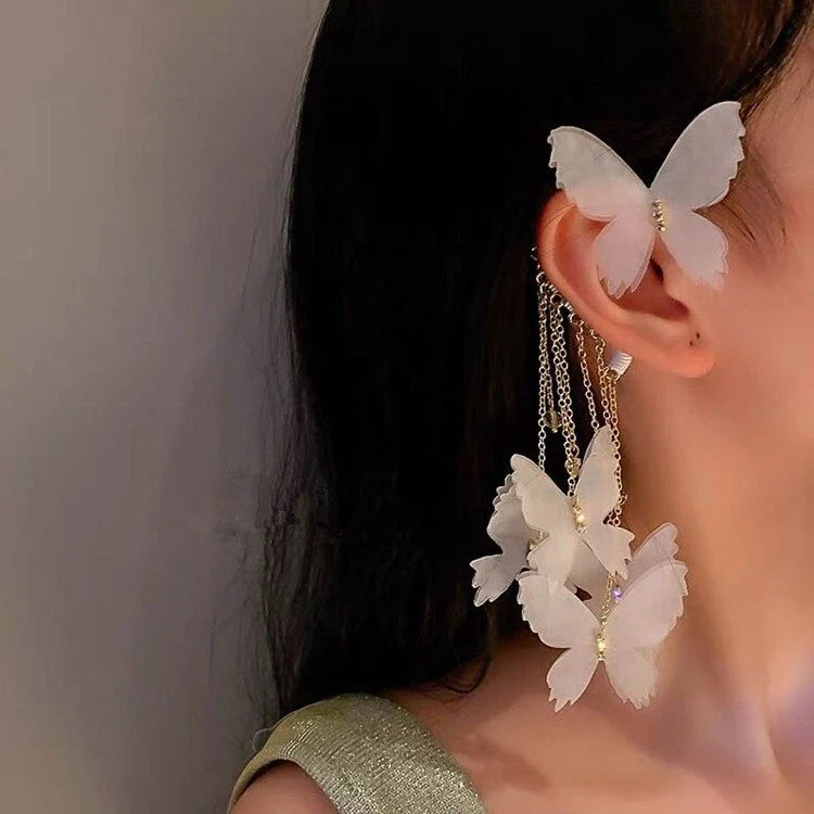 1pc Gold Tassel Chain White Handmade Butterfly Dangle Earring Ear Cuff Climber-0
