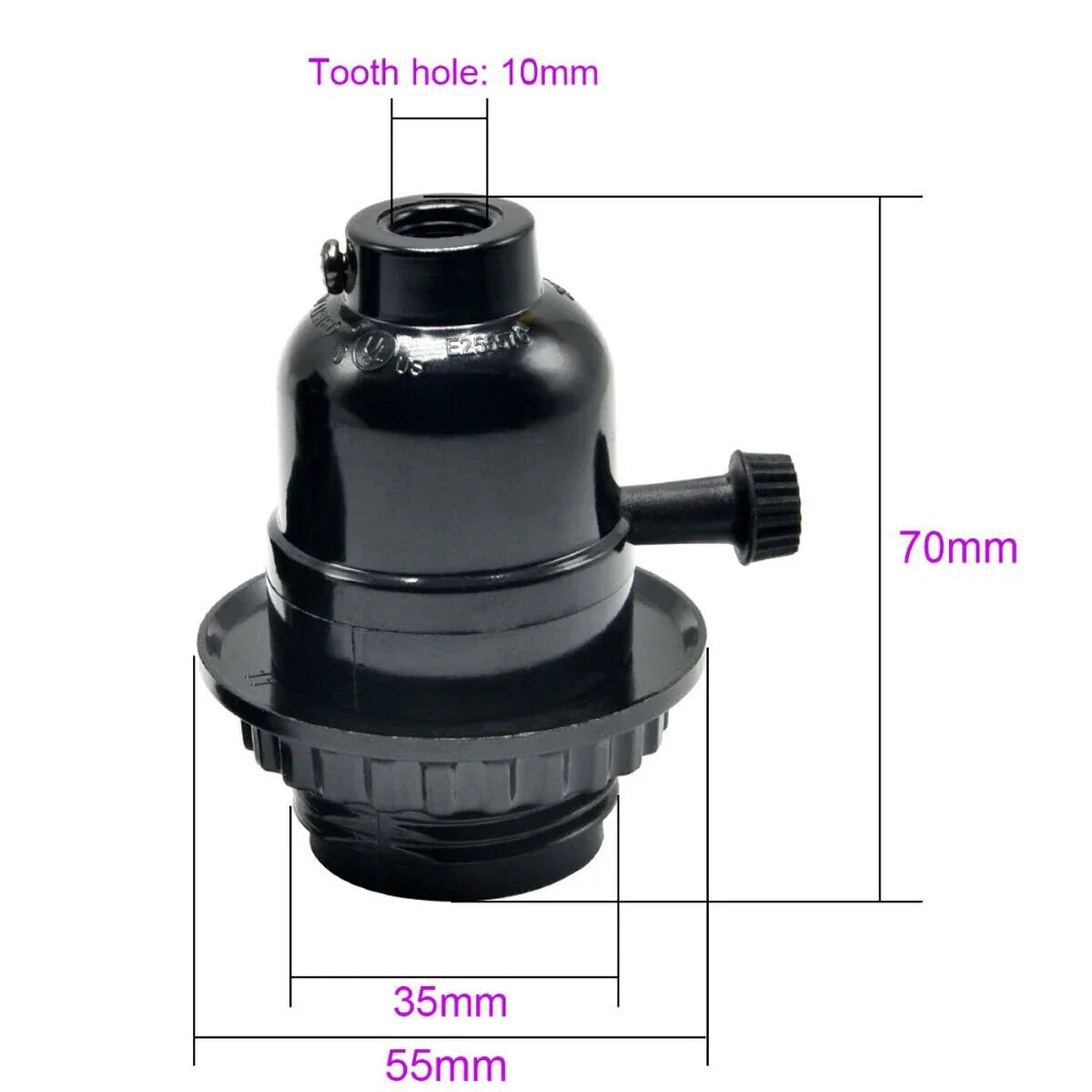 Black vintage E27 replacement lamp socket with smooth turn knob and threaded body rings — view 2