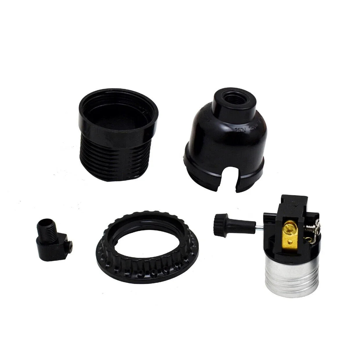 Black vintage E27 replacement lamp socket with smooth turn knob and threaded body rings — view 3