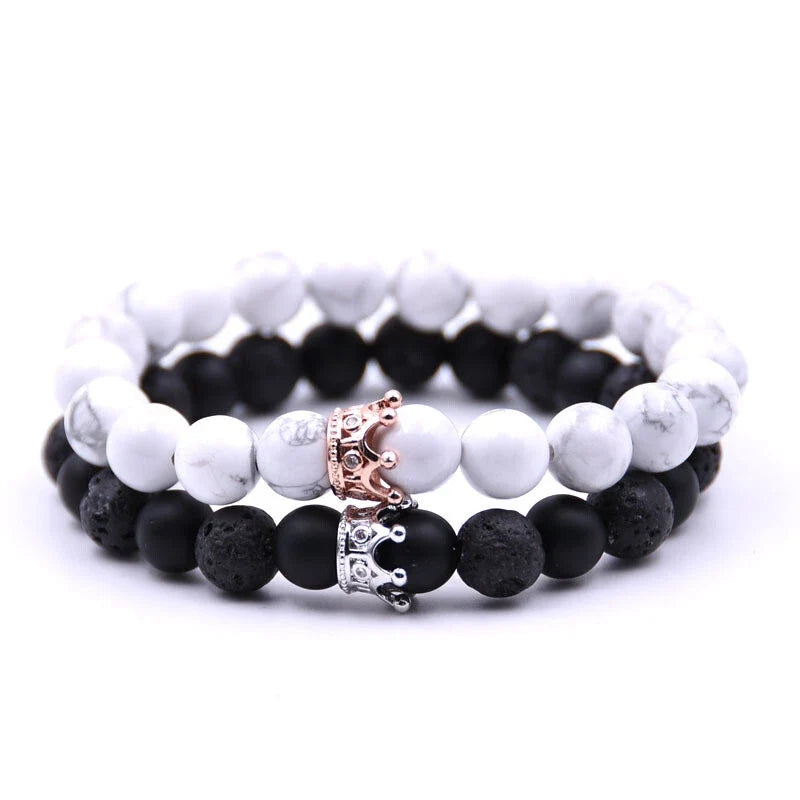 2pcs Crown Marble Lava Stone Beads Boho Ethnic Bracelet set Chunky Jewelry Gift-3