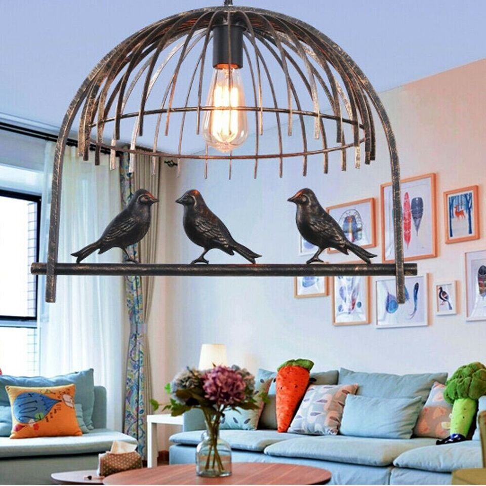 Industrial birdcage pendant light in vintage brass with black cable and round ceiling canopy — view 2