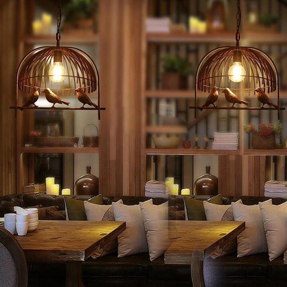 Industrial birdcage pendant light in vintage brass with black cable and round ceiling canopy — view 5