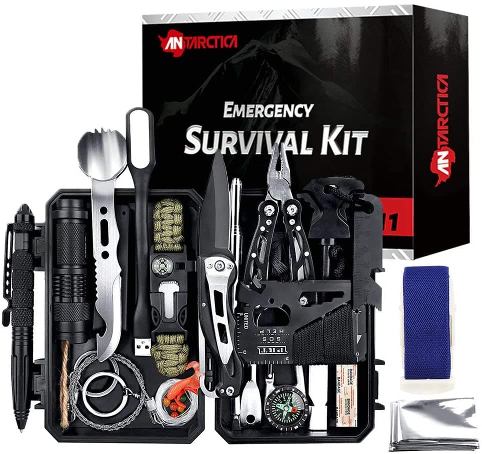 60 in 1 military survival kit with tactical tools inside a black waterproof ABS storage box