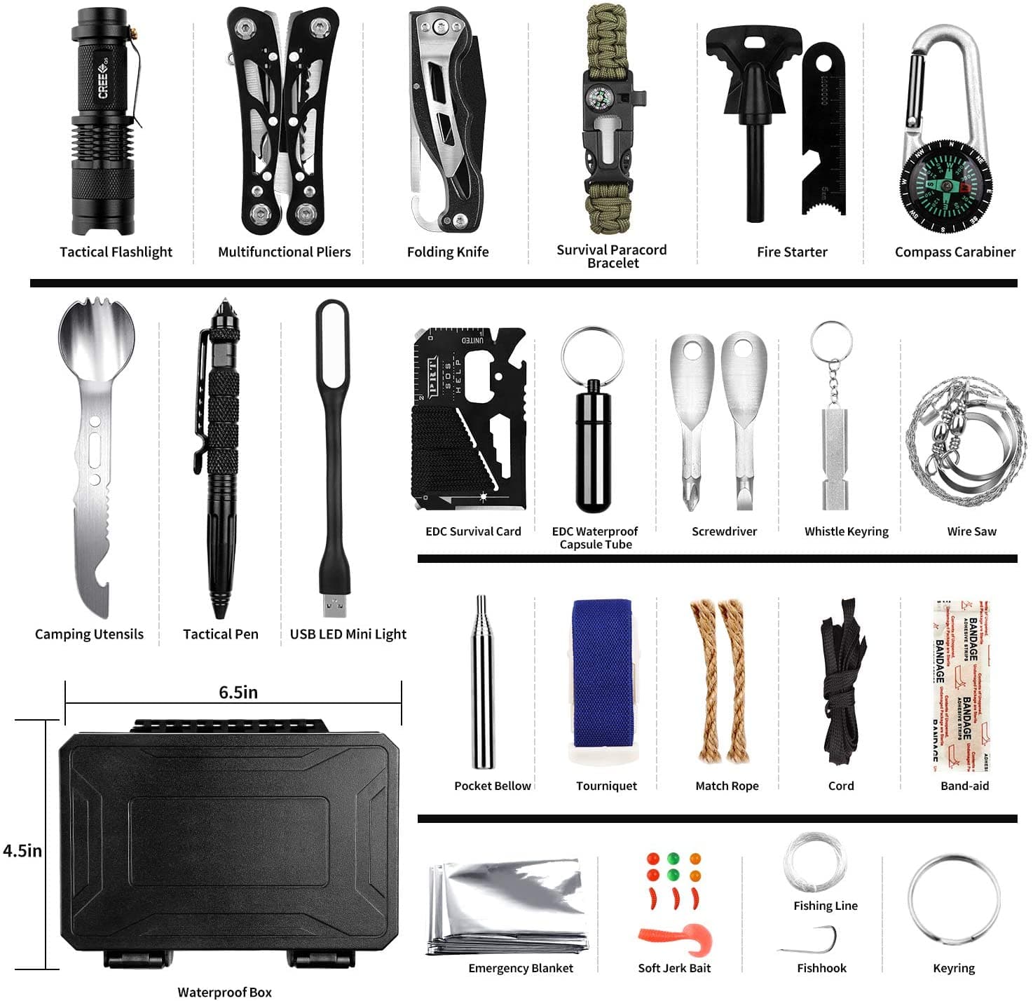 60 in 1 military survival kit with tactical tools inside a black waterproof ABS storage box — view 2
