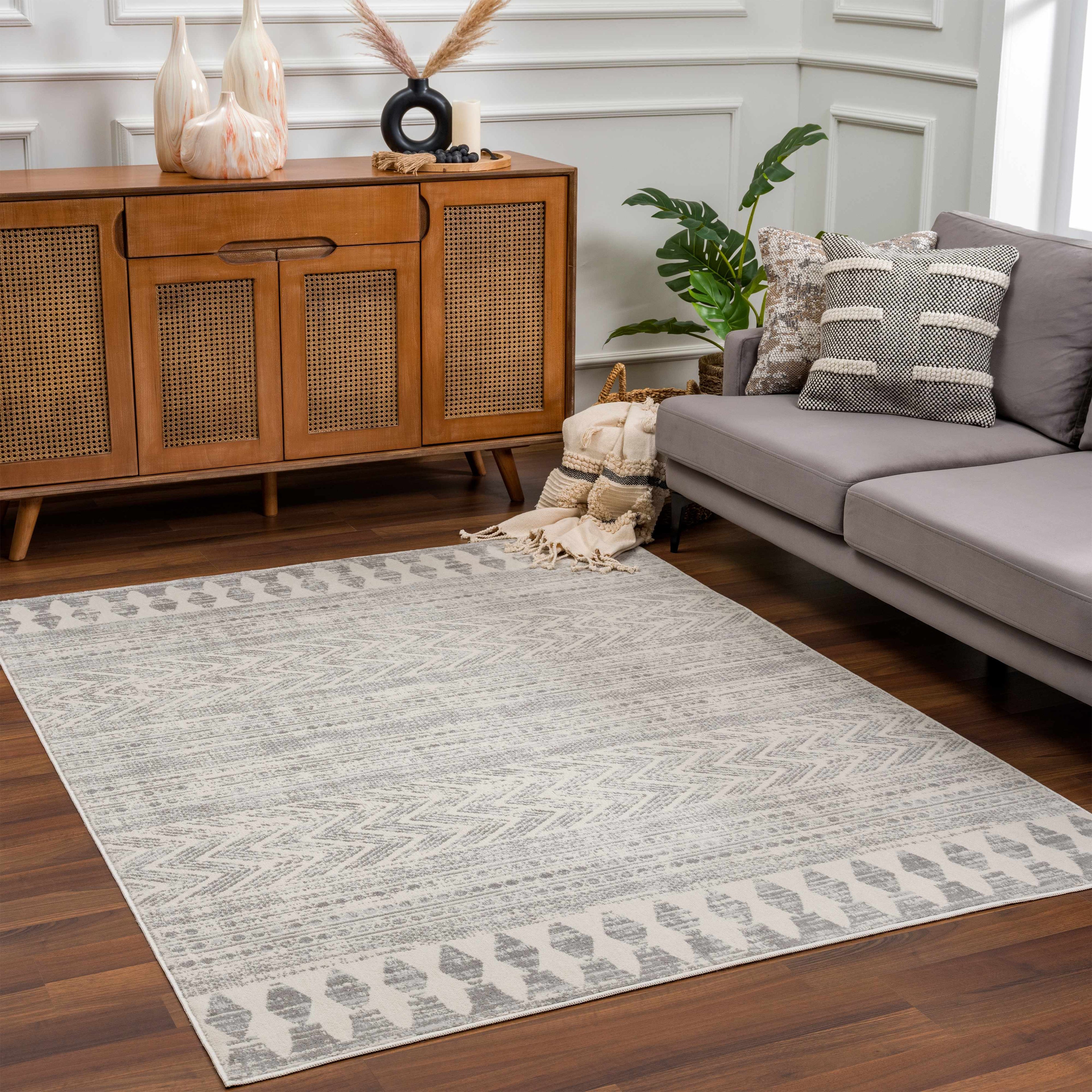 Hauteloom Chinnor area rug in light gray, charcoal, and off-white with transitional bohemian patterns — view 2