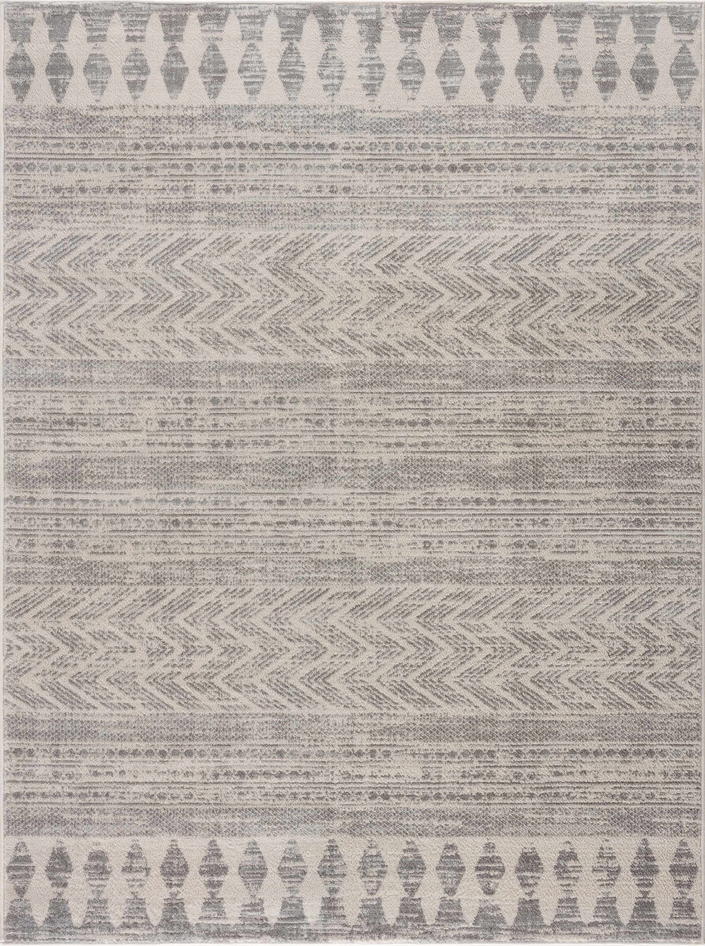 Hauteloom Chinnor area rug in light gray, charcoal, and off-white with transitional bohemian patterns