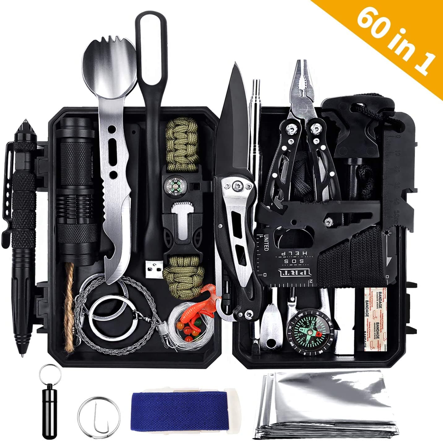 60 in 1 military survival kit with tactical tools inside a black waterproof ABS storage box — view 3