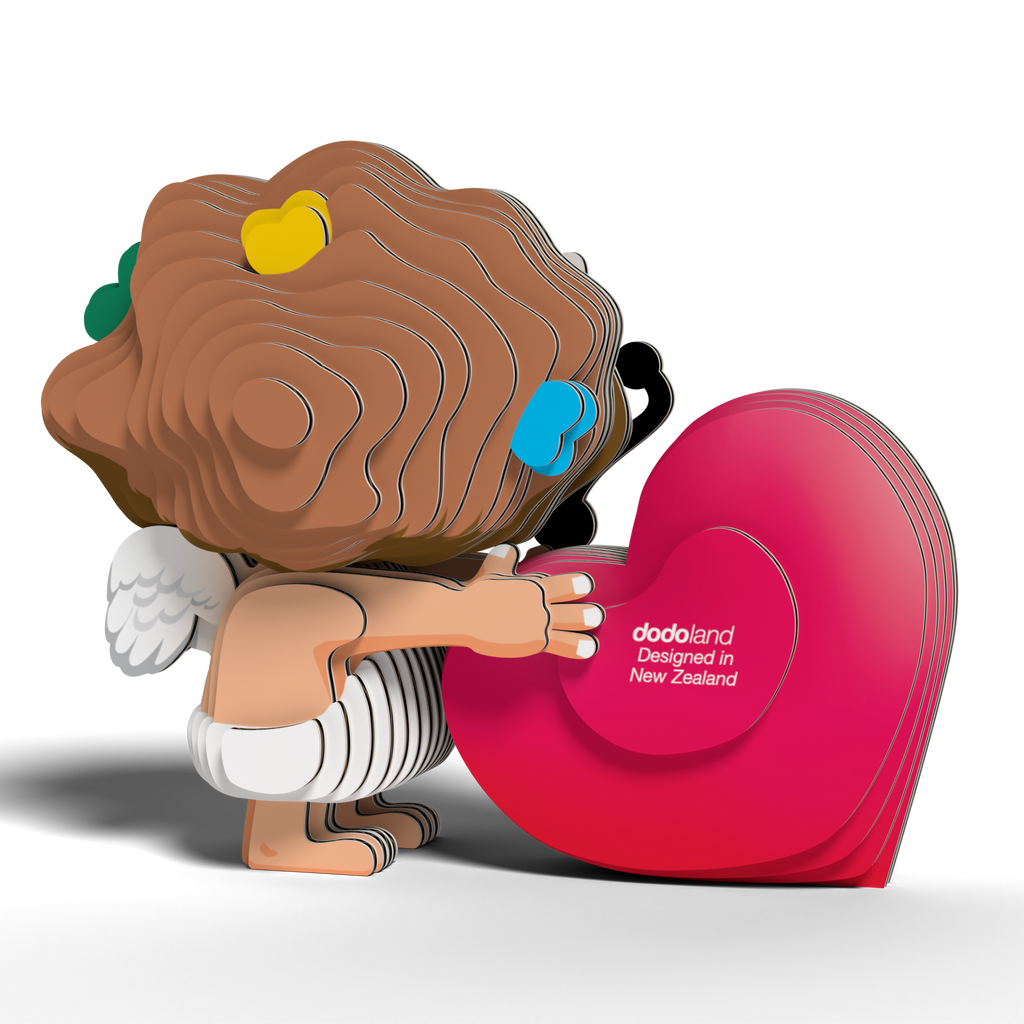 Assembled cardboard Cupid 3D puzzle with a smiling face bow and red heart — view 5
