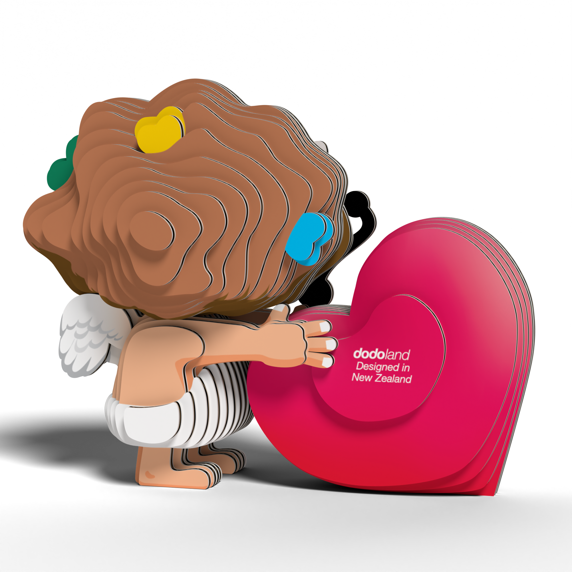 Assembled cardboard Cupid 3D puzzle with a smiling face bow and red heart — view 5
