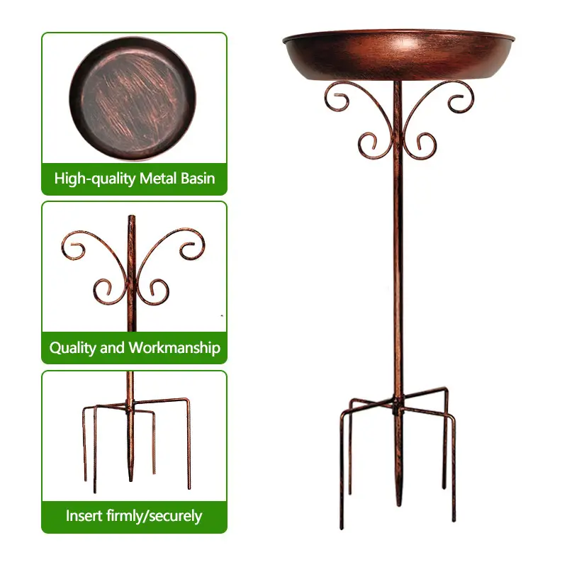 Vintage metal bird bath with copper finish on a sturdy pedestal stand in an outdoor garden — view 4