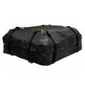 Waterproof ABS roof cargo box with orange trim, mounted securely on a vehicle roof rack