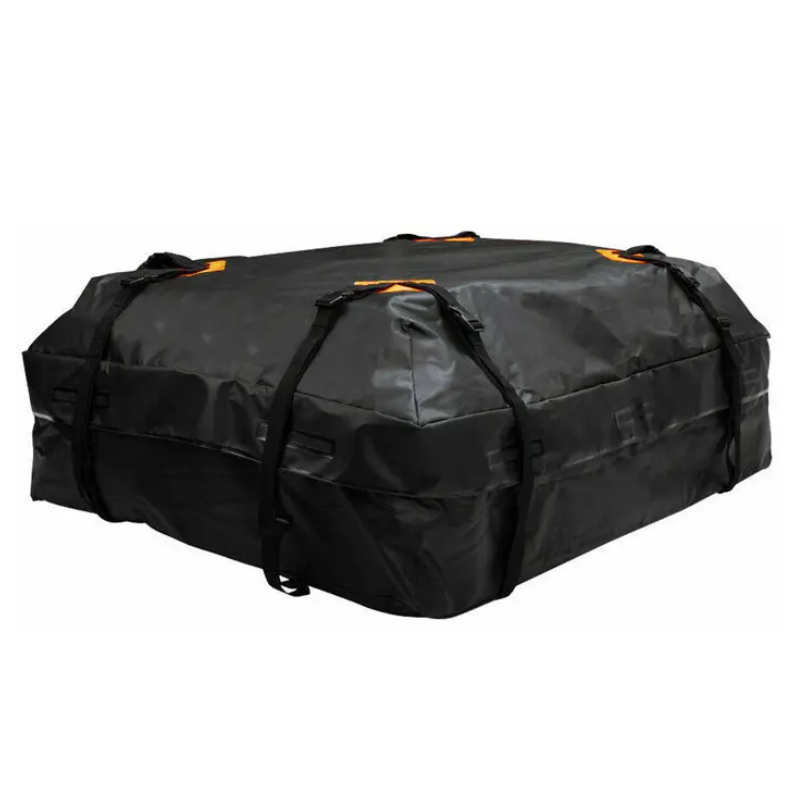 Waterproof ABS roof cargo box with orange trim, mounted securely on a vehicle roof rack