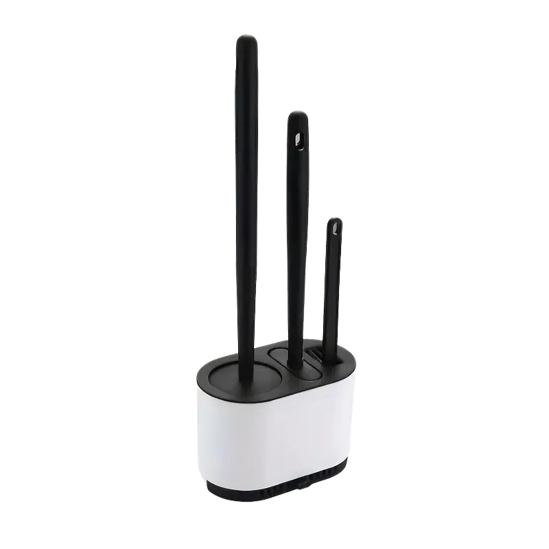 Black silicone toilet brush and holder set with ergonomic no-slip long handle for bathroom cleaning