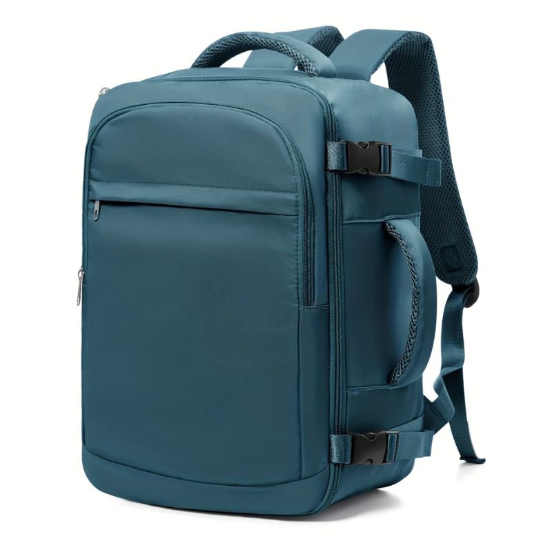 Peacock blue cabin carry-on travel backpack made of durable nylon with ergonomic air cushion straps