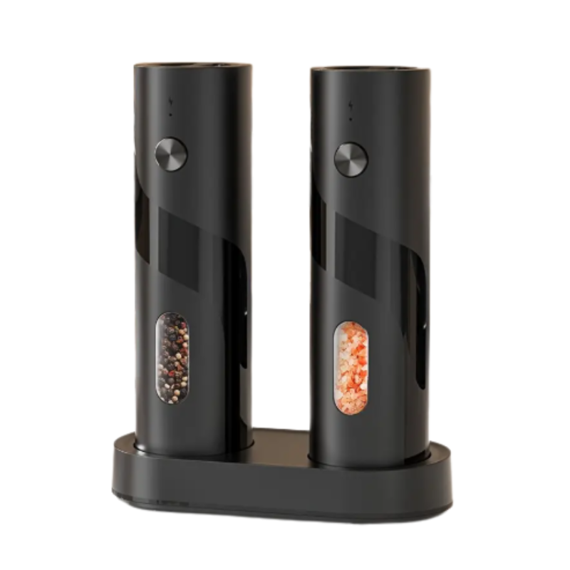Electric salt and pepper grinder set in modern black ABS plastic with USB charging base.