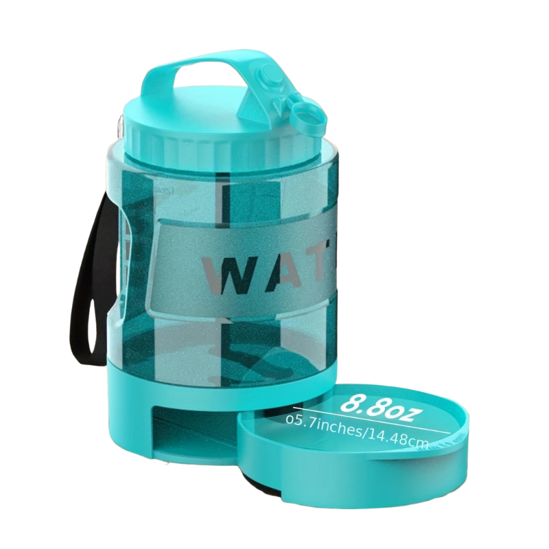 Dog travel water dispenser bottle in lake blue with pull-out drinking bowl and carry handle