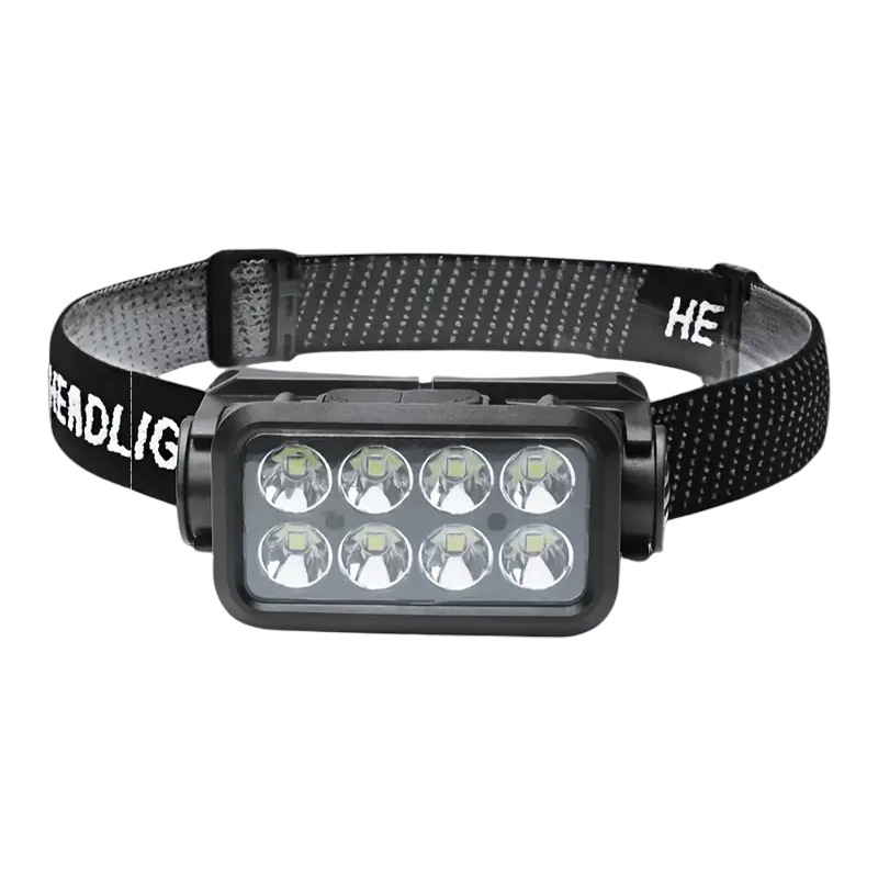Black rechargeable LED headlamp with wave sensor and detachable light fixture on adjustable head strap