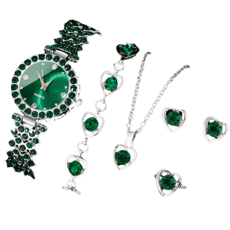 Womens luxury green watch and matching jewelry set with heart necklace ring and earrings