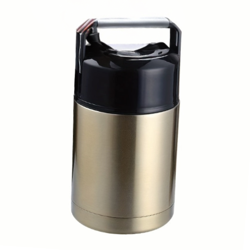 Golden stainless steel insulated cylindrical lunch jar for hot and cold food storage.
