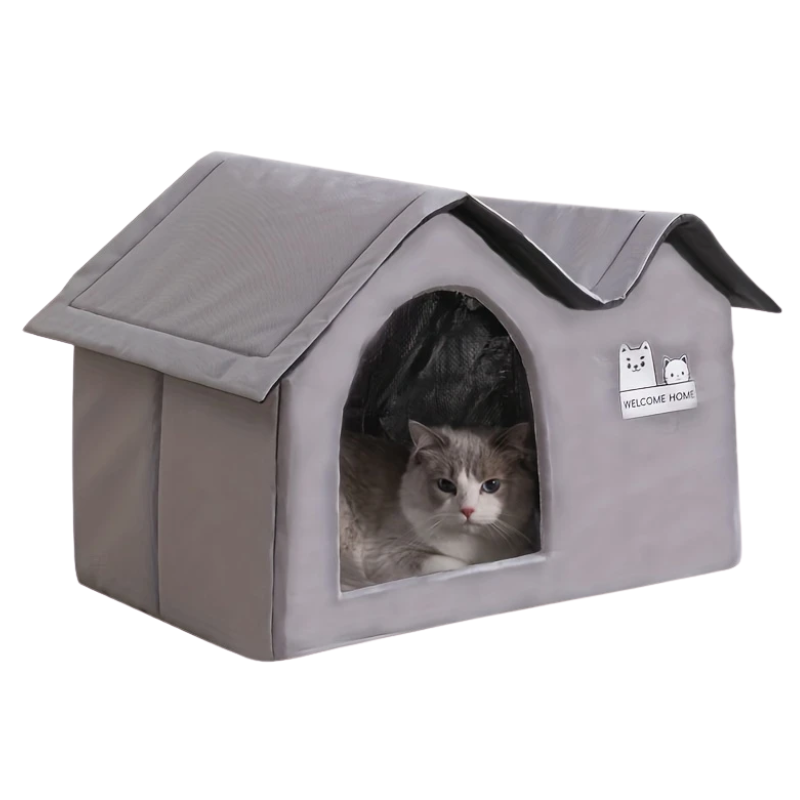 Modern light gray all-season cat and dog bed house featuring a soft removable cushion.