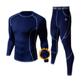 Mens fleece thermal underwear set featuring long sleeve top and matching high stretch base layer bottoms