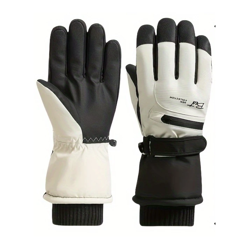 White men's winter touchscreen ski gloves with anti-slip palm grip and windproof exterior