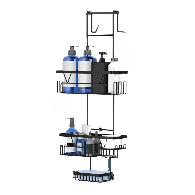 Black stainless steel over the door shower organizer rack holding towels and bathroom accessories