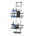 Black stainless steel over the door shower organizer rack holding towels and bathroom accessories