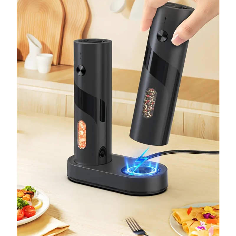 Electric salt and pepper grinder set in modern black ABS plastic with USB charging base. — view 4