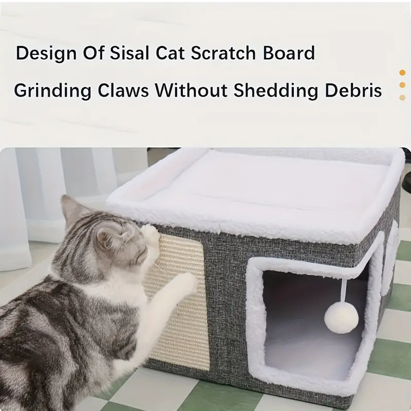 Double-layer nylon cat bed cave sofa with sisal scratching pad and foldable design. — view 4
