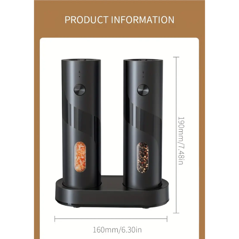 Electric salt and pepper grinder set in modern black ABS plastic with USB charging base. — view 5