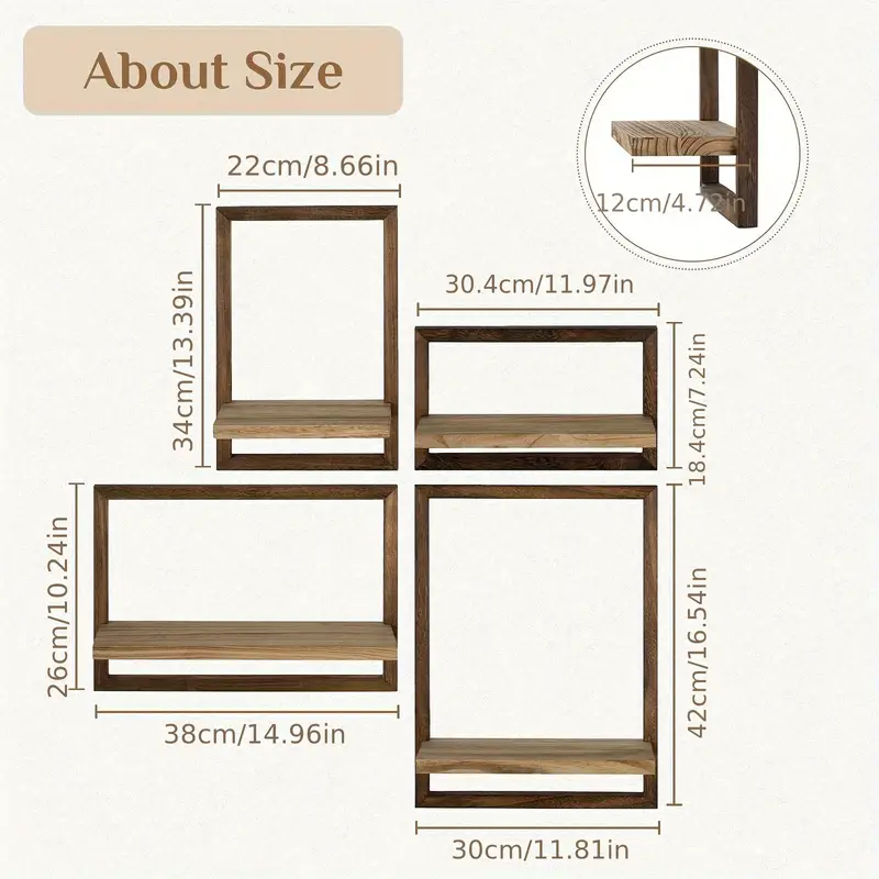 Four piece brown wooden floating wall shelf set displaying small decor items and plant pots — view 5