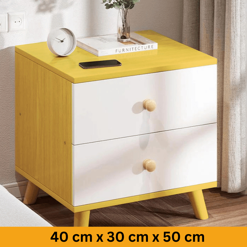 Modern bamboo bedside table with white storage cabinet accents in a minimalist bedroom setting — view 4