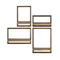 Four piece brown wooden floating wall shelf set displaying small decor items and plant pots