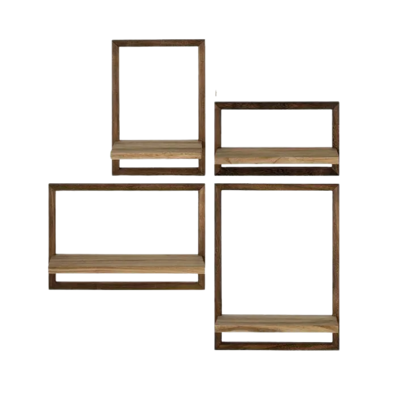 Four piece brown wooden floating wall shelf set displaying small decor items and plant pots