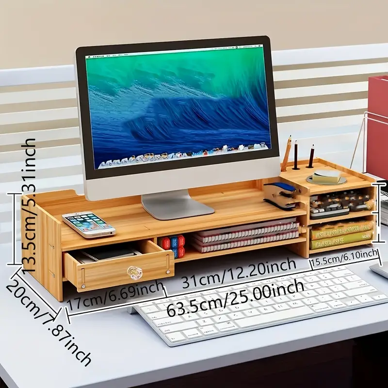 Cherry wood rectangular monitor stand with a built-in storage drawer and keyboard tray underneath. — view 4