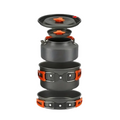 Ultra-light aluminum camping cookware set featuring orange accents, pots, pans, and a matching kettle.