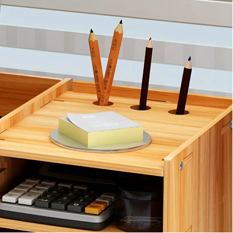 Cherry wood rectangular monitor stand with a built-in storage drawer and keyboard tray underneath. — view 5