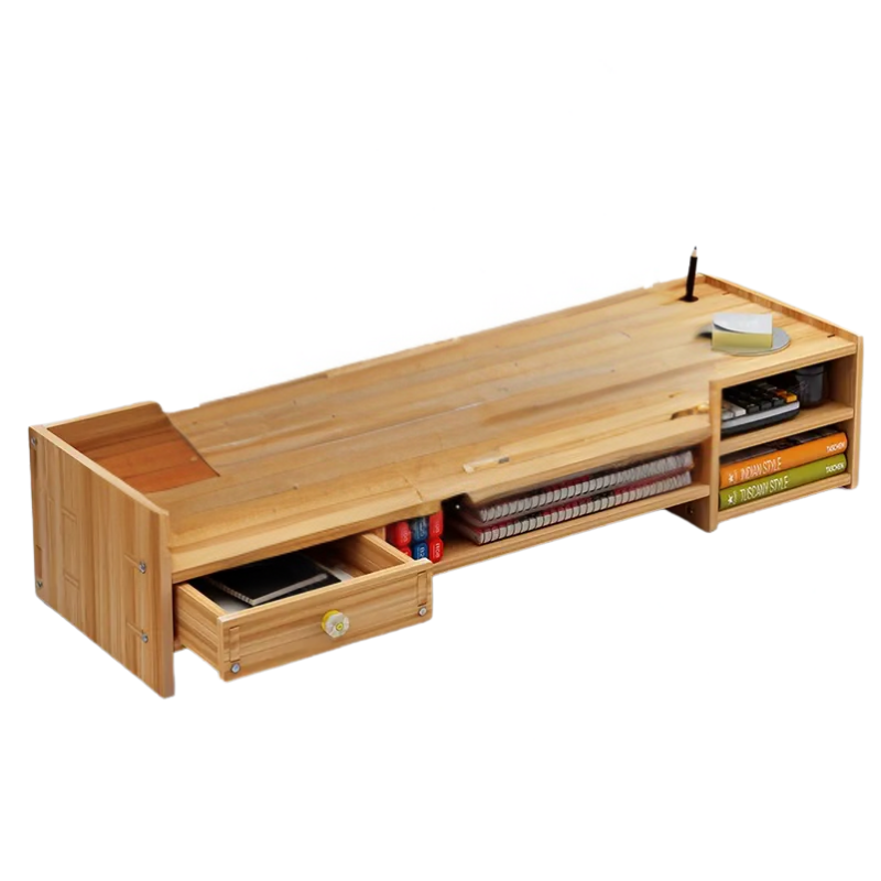 Cherry wood rectangular monitor stand with a built-in storage drawer and keyboard tray underneath.