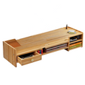 Cherry wood rectangular monitor stand with a built-in storage drawer and keyboard tray underneath.