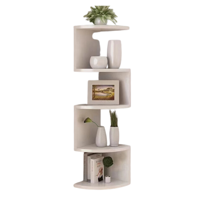 Five tier PVC corner wall shelf displaying books and small plants in a living room
