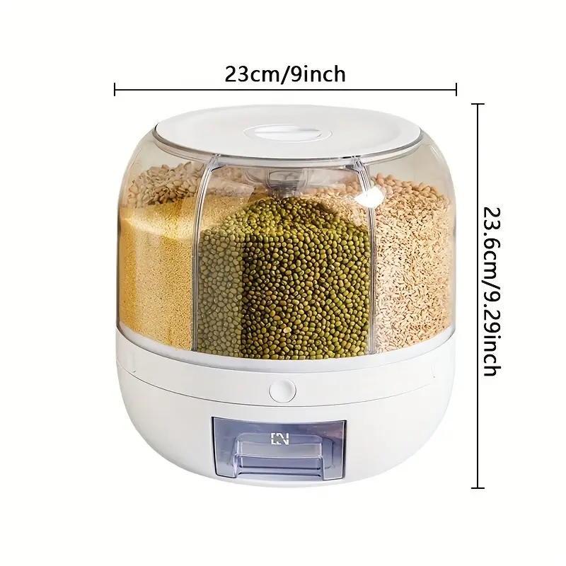 White round rotating grain storage box with flip top and divided compartments for pantry organization — view 4